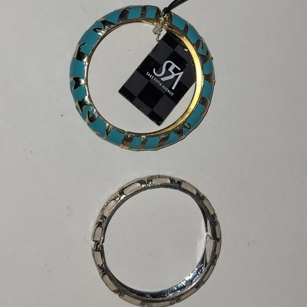 3 Bangle Bangles Sequin Saks 5th Ave Black Green White Bracelet - Picture 2 of 10